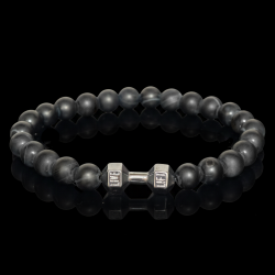 Мужской браслет из черного глазкового агата 8 мм с гантелей
