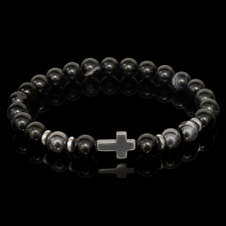 Мужской браслет из черного агата с крестом из гематита