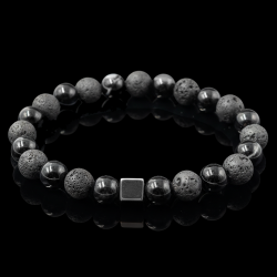 Мужской браслет из черного агата и лавы с кубиком из гематита