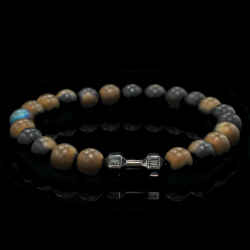 Мужской браслет из тонированного шунгита 10 мм с гантелей