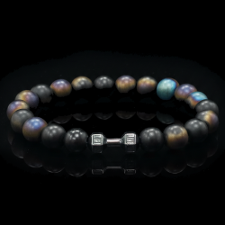 Мужской браслет из тонированного шунгита 10 мм с гантелей из гематита